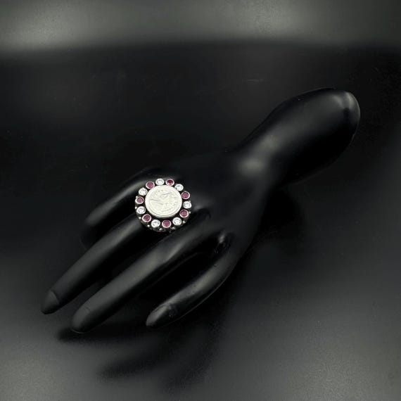 Sterling Silver Adjustable Antique Coin Ring with Ruby & White CZ Stones, Vintage Style Statement Jewelry