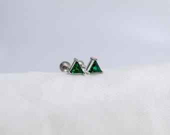 Green Triangle Stud Earrings: Sterling Silver, Emerald CZ