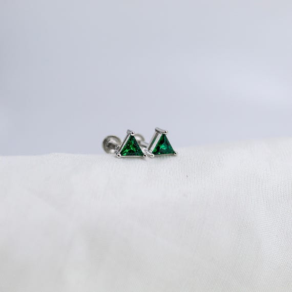 Green Triangle Stud Earrings: Sterling Silver, Emerald CZ