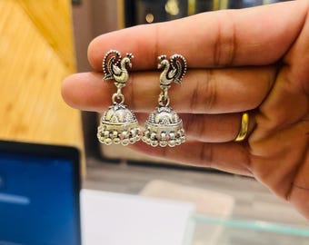 Antique 925 Oxidized Sterling Silver Jhumka Earrings | Traditional Boho Statement Jewelry & Ethnic Accessory