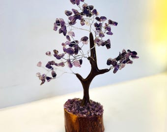 Amethyst Crystal Tree: Handmade Wire Bonsai, Wooden Base Vastu Decor