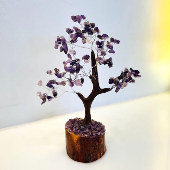 Amethyst Crystal Tree: Handmade Wire Bonsai, Wooden Base Vastu Decor