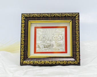 Silver Lakshmi Ganesh Frame: Hindu Deities Wall and Table Decor