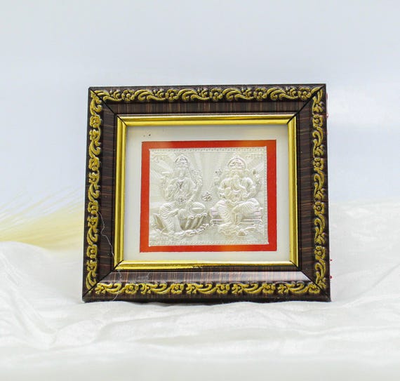 Silver Lakshmi Ganesh Frame: Hindu Deities Wall and Table Decor