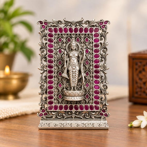 Lord Ram Statue, 925 Silver Idol with Purple Gemstone Hindu Temple Decor