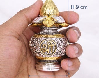 Silver Plated Kalash Puja Pot - Om Symbol with Floral Engraving
