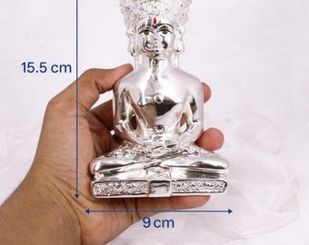 Jain Mahavir Idol, Silver Plated Resin (Small Temple Statue)