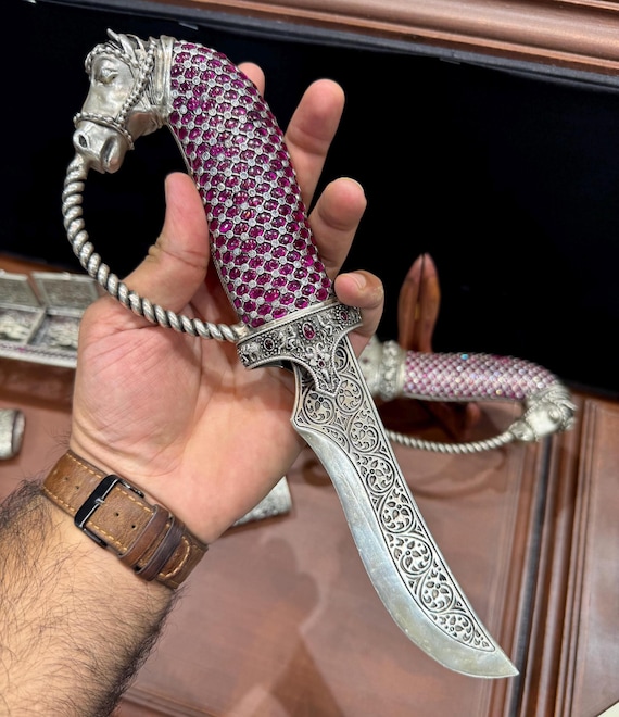 Handcrafted Antique Knife: 925 Sterling Silver Dagger with Ruby Stones & Elegant Horse Handle