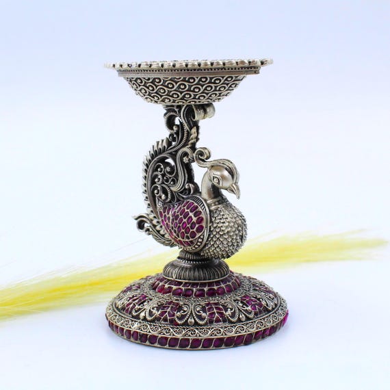 Peacock Diya Lamp: Handcrafted Silver with Ruby Embellishments (Vintage Style)