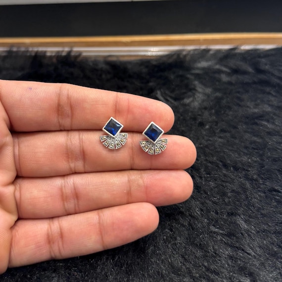 Sterling Silver Gemstone Fan Stud Earrings: Elegant 925 Jewelry
