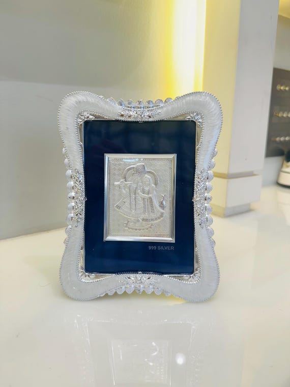 Radha Krishna Frame in 999 Silver, Ornate Hindu Altar Decor