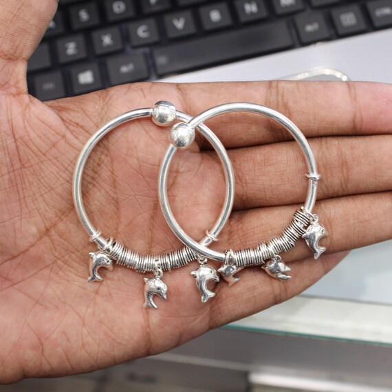 925 Sterling Silver Dolphin Charm Bangles, Adjustable Silver Kada Bracelet Pair for Kids & Women, Handmade Dangling Dolphin Bangles