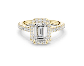 18K Yellow Gold Emerald Cut Moissanite Halo Ring - Pave Band