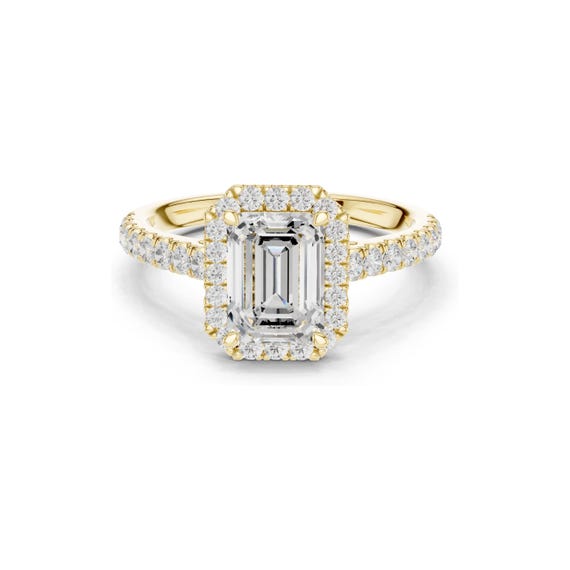 18K Yellow Gold Emerald Cut Moissanite Halo Ring - Pave Band