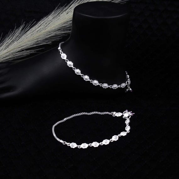 Silver Anklet with Dangling Charms: Minimalist Foot Jewelry