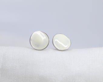 Silver Round Stud Earrings - White Enamel, Simple Everyday Style