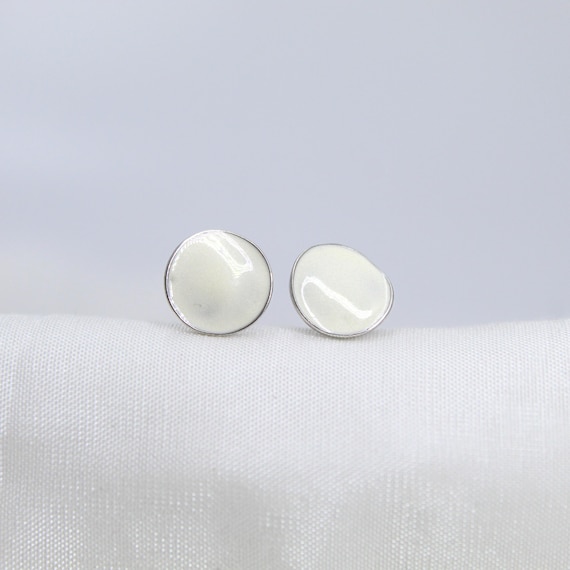 Silver Round Stud Earrings - White Enamel, Simple Everyday Style
