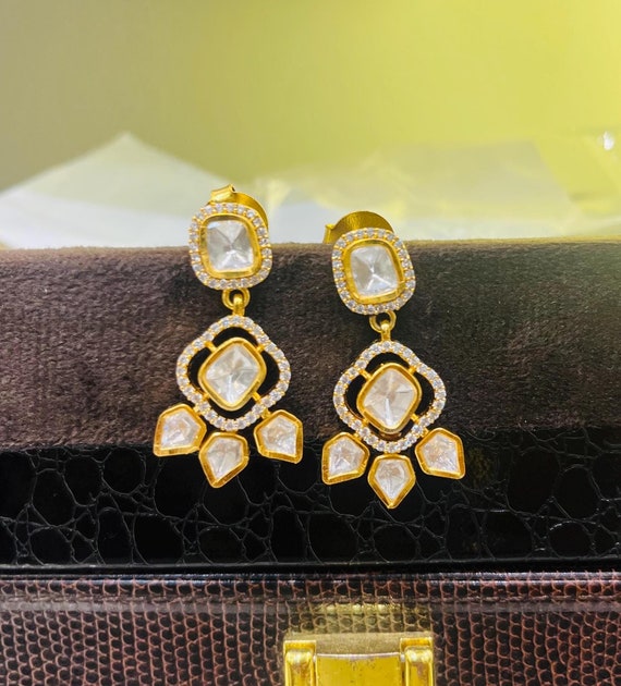 Gold Polish Sterling Silver Kundan Dangle Earrings: Handmade Wedding Jewelry