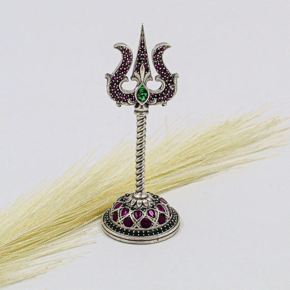 Silver Shiva Trishul Idol - Gemstone Studded Hindu Temple Art