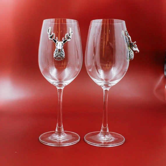 Deer Head Wine Glasses Set of 2, Rustic Stag Goblets, Reindeer Barware, Hunting Decor, Woodland Wedding Gift, Deer Lover Gift
