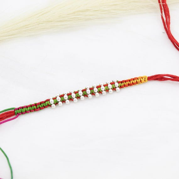 Handmade Pearl Rakhi Bracelet, Silver Beads, Traditional Indian Festival Gift