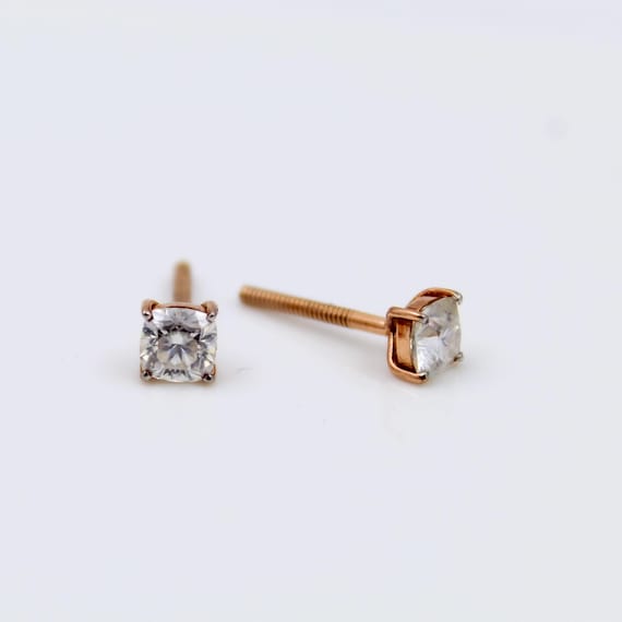 Men’s Moissanite Stud Earrings 18K Rose Gold | Cushion Cut Screw Back Earrings | Minimalist Luxury Jewelry Gift for Him