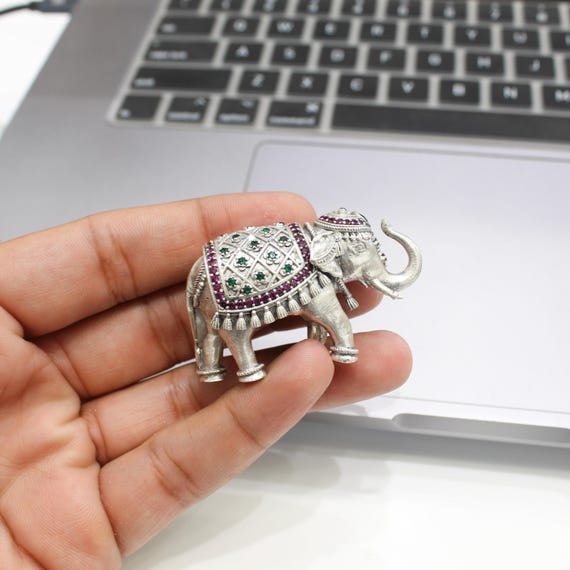 925 Sterling Silver Elephant Figurine with Ruby and Emerald Stones, Handmade Indian Mini Animal Decor, Lucky Gift, Sacred Elephant Statue