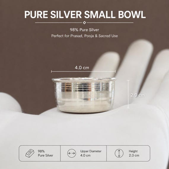 Pure Silver Small Bowl | 4cm Prasad Dish for Pooja Rituals, Temple Use