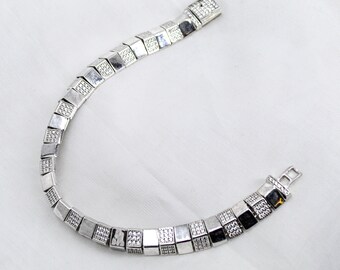 Sterling Silver Men's Bracelet, Chunky Geometric with CZ (Adjustable)