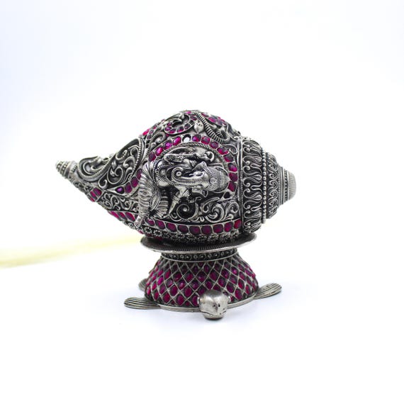 925 Sterling Silver Shank Conch Shell | Handmade Indian Silver Shankh with Ruby Red Stones | Hindu Puja Decor Gift