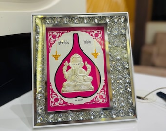 999 Silver Ganesha Frame | Shubh Labh Table Decor | Crystal Border Ganpati Photo Frame