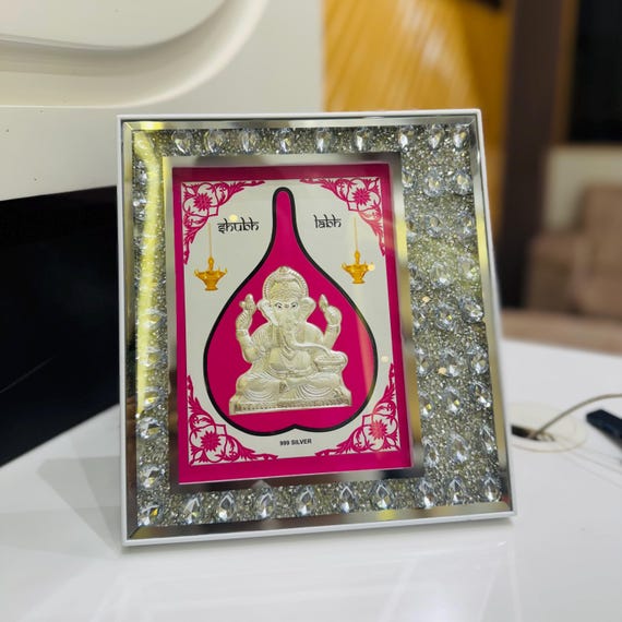 999 Silver Ganesha Frame | Shubh Labh Table Decor | Crystal Border Ganpati Photo Frame