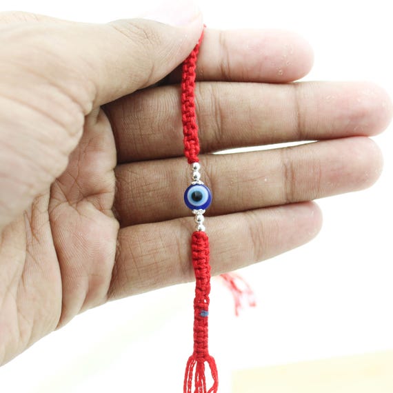 925 Sterling Silver Evil Eye Rakhi, Handmade Nazar Raksha Bandhan Bracelet, Blue Protection Charm