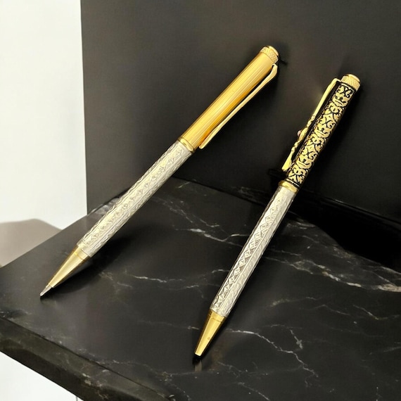 Handcrafted Pure Silver Pen: Gold-Toned Ornamental Writing Instrument