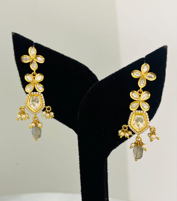 Sterling Silver Kundan Earrings: Floral Indian Jewelry