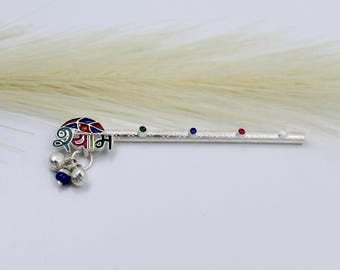 Krishna Murli Flute: Pure Silver with Colorful Meena Design - Handmade