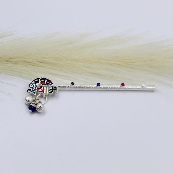 Krishna Murli Flute: Pure Silver with Colorful Meena Design - Handmade