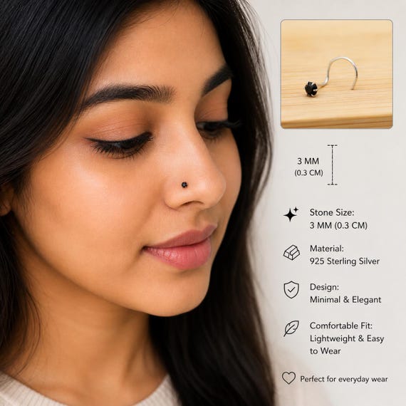 3mm Black Nose Stud 925 Sterling Silver | Tiny Black Stone Nose Piercing | Minimalist Small Nose Jewelry for Women | Everyday Piercing Gift