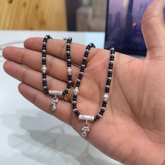 Sterling Silver Black Beaded Nazariya Anklet: Adjustable Protection Bracelet