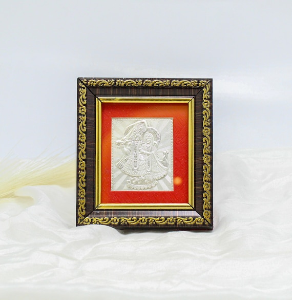 Radha Krishna Silver Frame - Hindu Spiritual Decor for Wall or Table