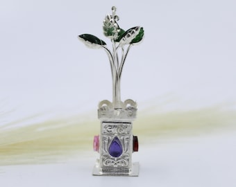 Pure Silver Tulsi Plant Pot - Handmade with Gemstone Base