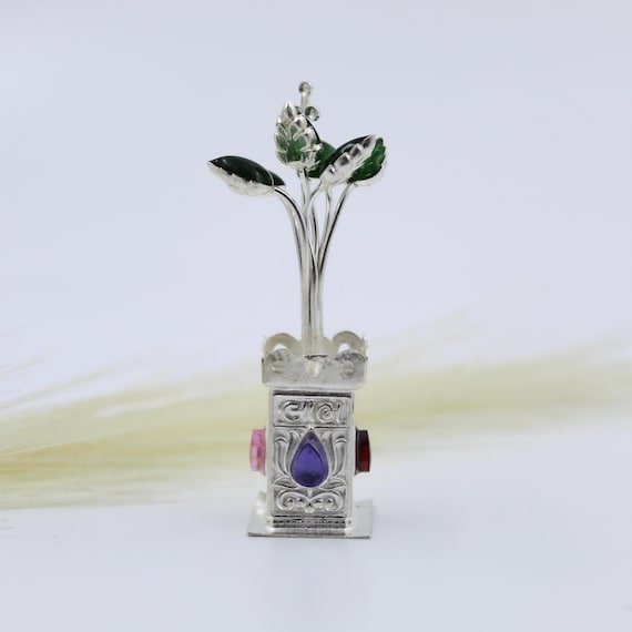 Pure Silver Tulsi Plant Pot - Handmade with Gemstone Base