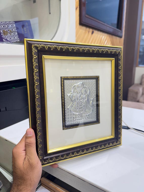 925 Silver Radha Krishna Wall Frame: Antique Hindu Religious Art