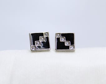 Minimal Square Silver Stud Earrings - Black Enamel with CZ Stones