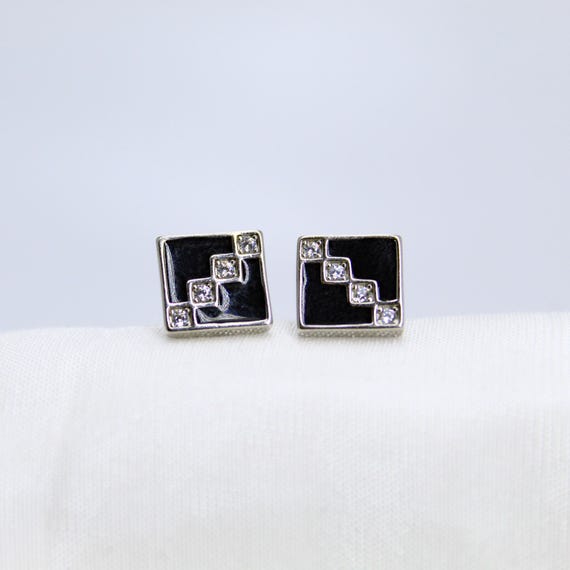 Minimal Square Silver Stud Earrings - Black Enamel with CZ Stones