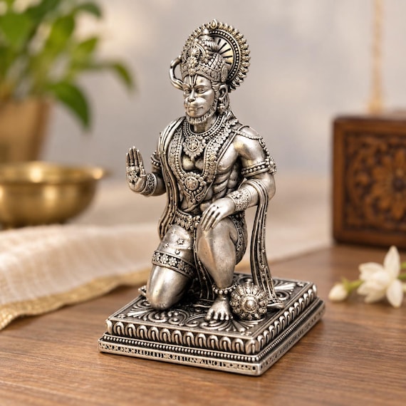 925 Sterling Silver Lord Hanuman Idol, Hindu Puja Decor for Home Shrine, Bajrangbali Murti