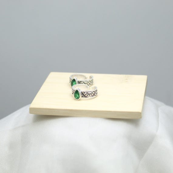 Adjustable Green Teardrop Ring - Handmade Sterling Silver Boho Style