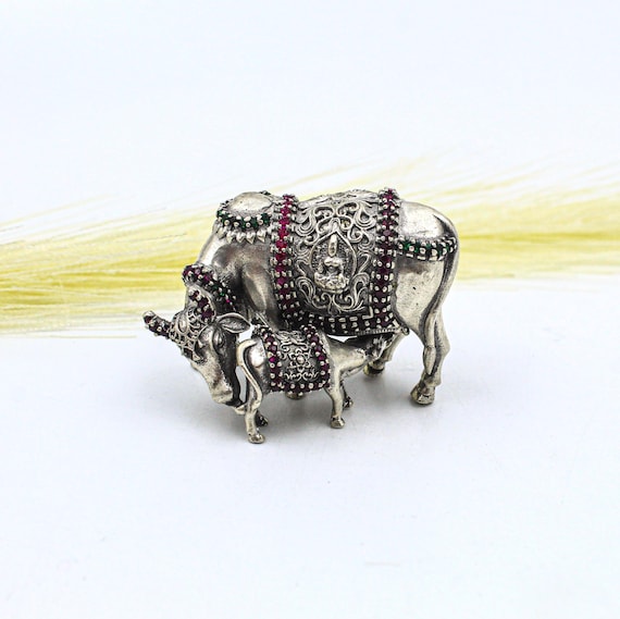 Kamdhenu Silver Cow Figurine - Indian Spiritual Home Decor