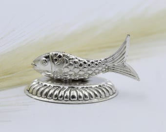 Indian Silver Fish Figurine, Handmade Luck Symbol (Home Temple Decor)