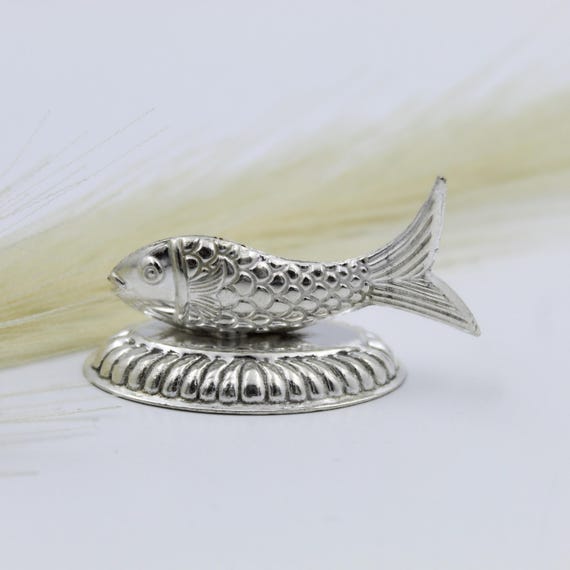 Indian Silver Fish Figurine, Handmade Luck Symbol (Home Temple Decor)